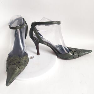 Aldo Heels Size 9 Y2K 90s Olive Green Leather Pointy Toe Ankle Strap Stiletto